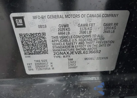 2020 Chevrolet Equinox Fwd 2Fl из США, поврежденный, VIN 2GNAXJEV2L6136692